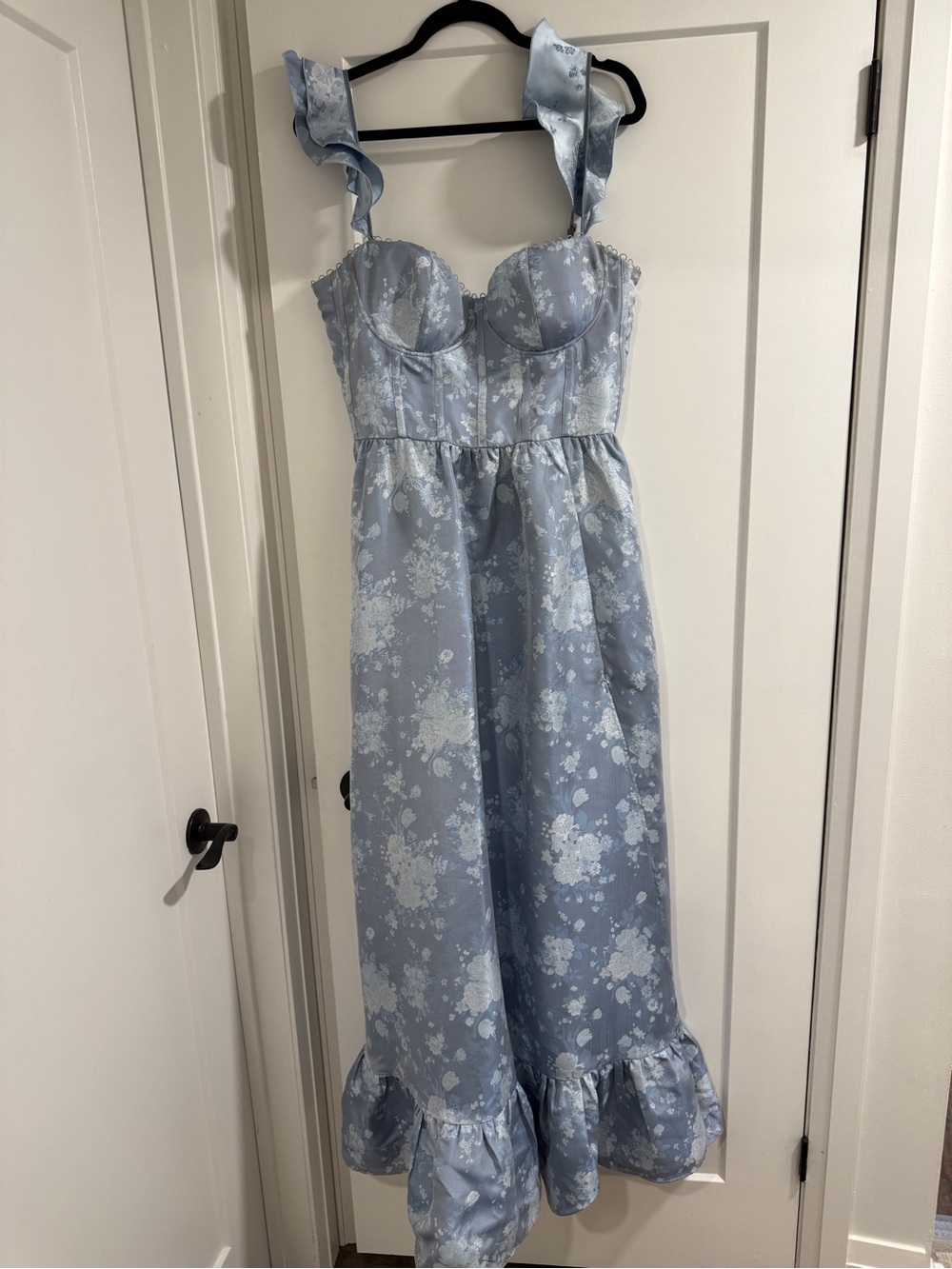 V. Chapman Light Blue Floral Ruffle-Strap Midi Dress